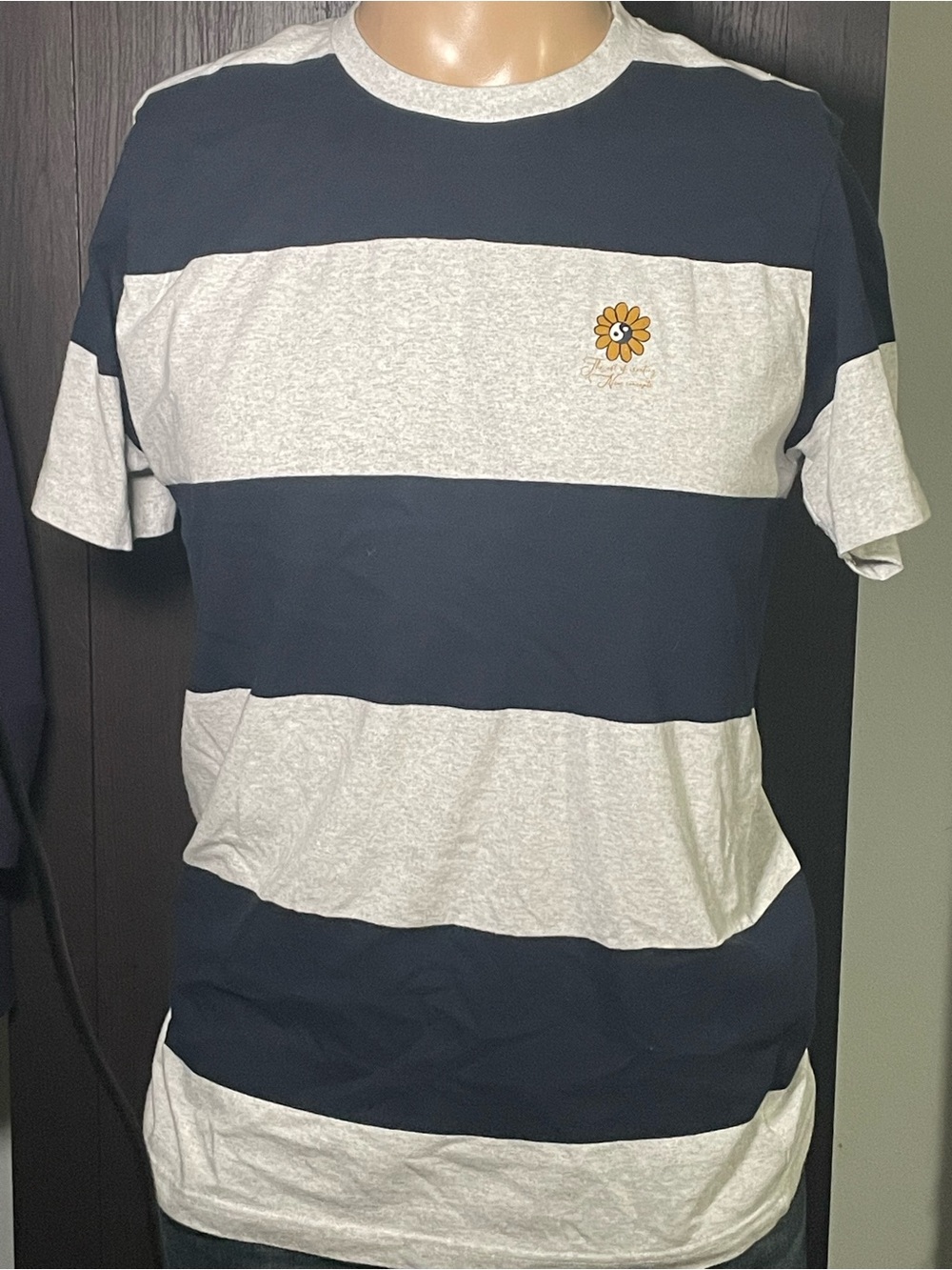 Denim & Flower Navy and Light Gray Striped Crew Tee with Sunflower Patch